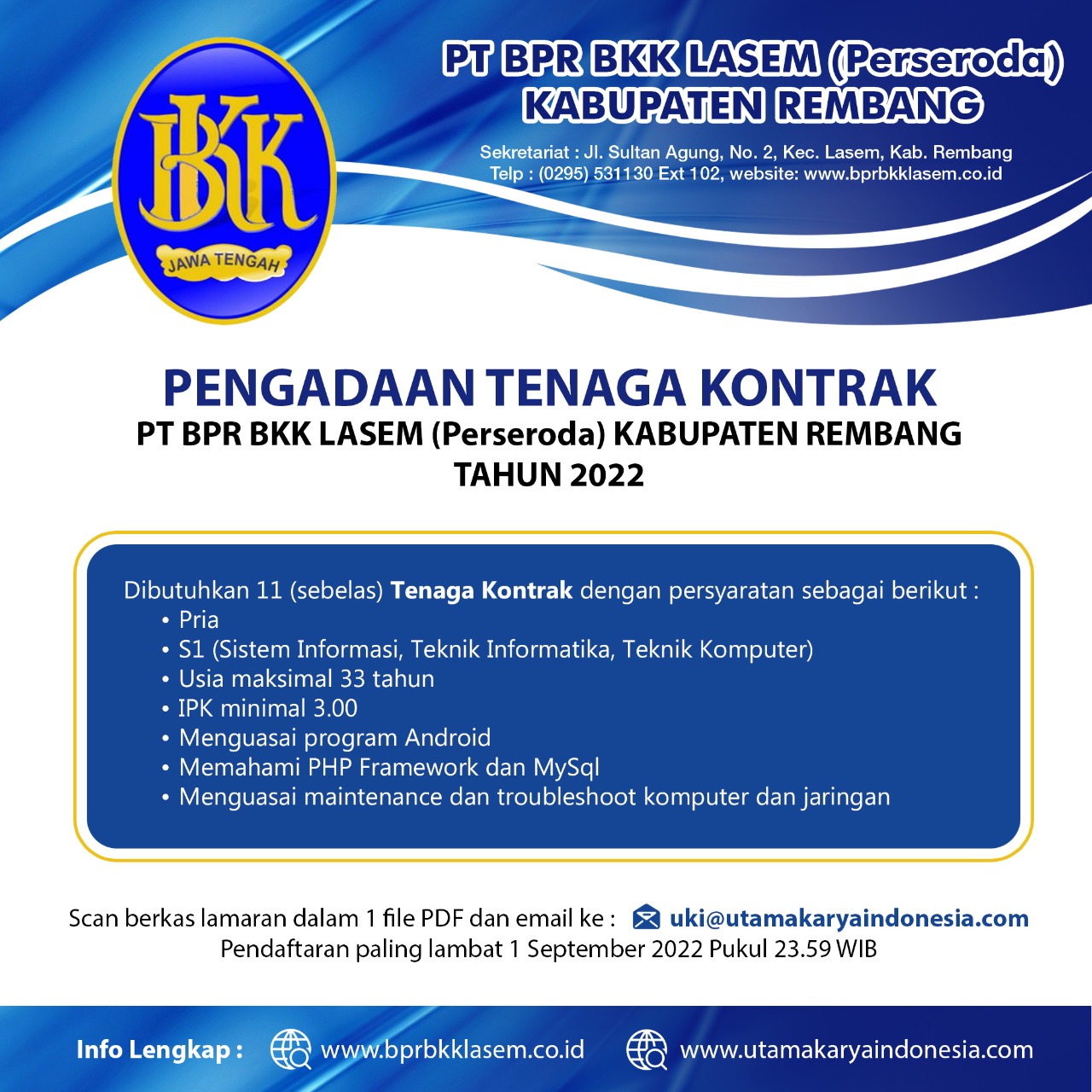 Pengadaan Tenaga Kontrak PT BPR BKK LASEM (Perseroda) 2022