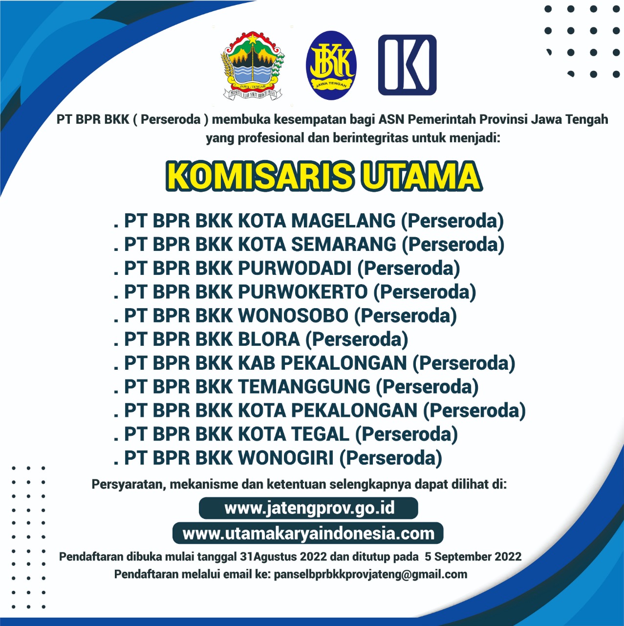 SELEKSI CALON KOMISARIS UTAMA PT BPR BKK (Perseroda)